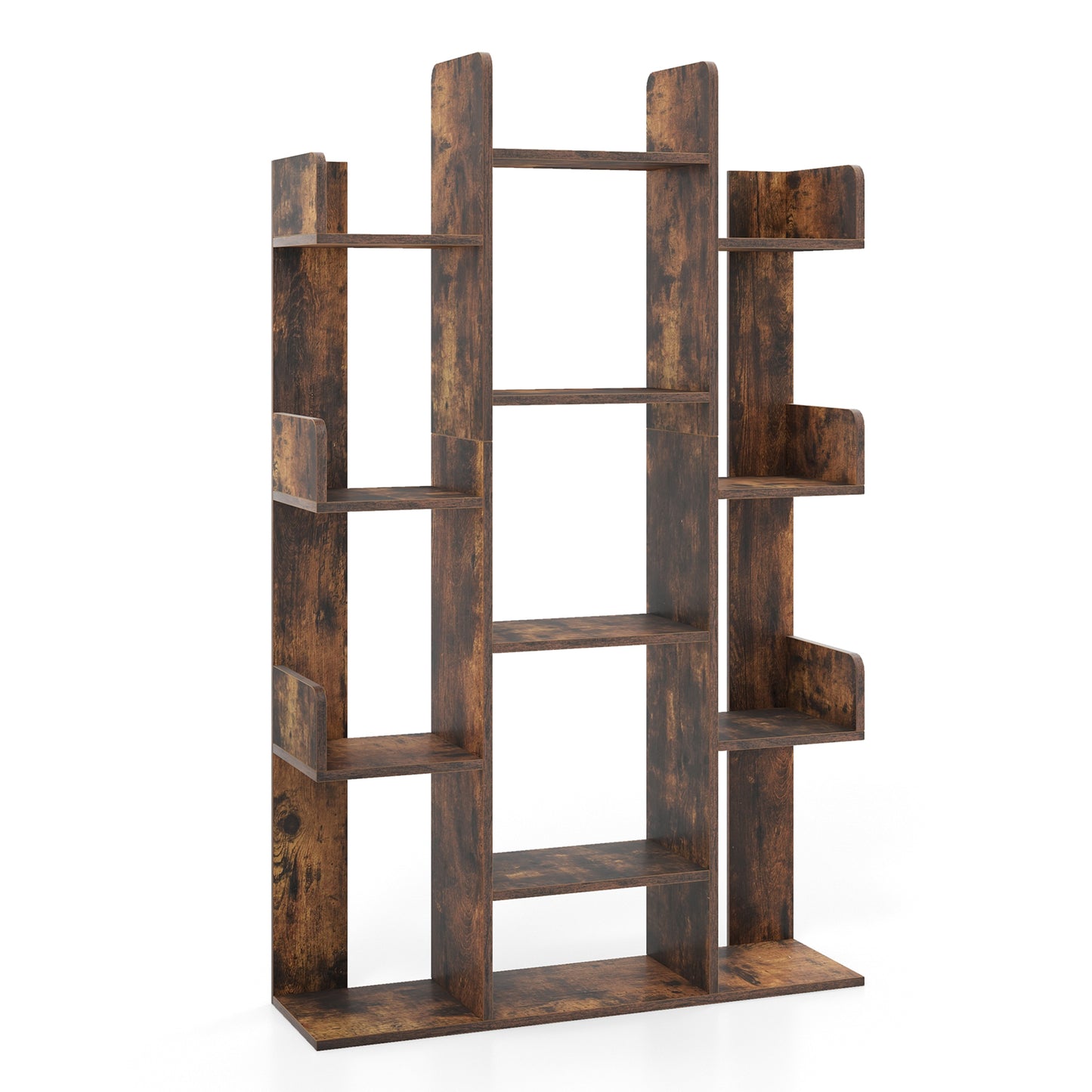 Tree-Shaped Bookshelf with 13 Compartments for Home Office-Rustic Brown Kids Crystal