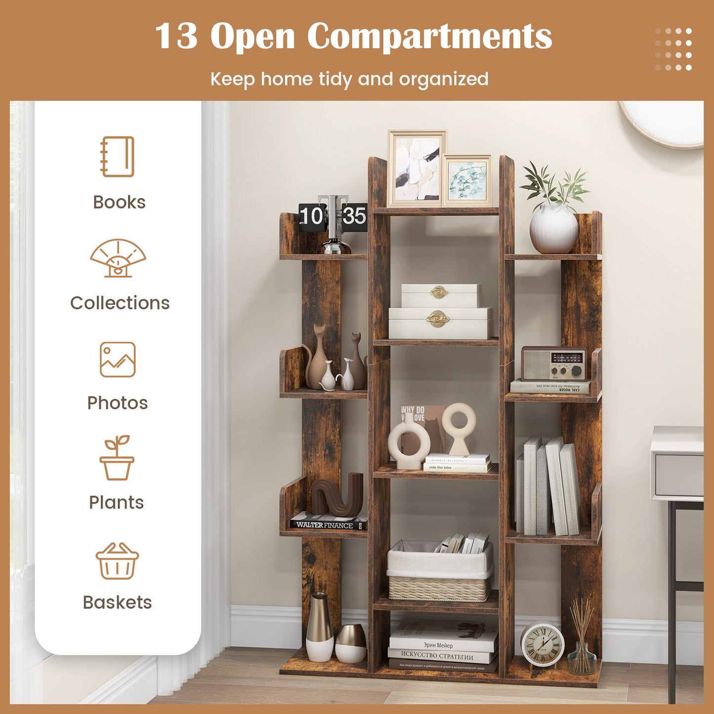 Tree-Shaped Bookshelf with 13 Compartments for Home Office-Rustic Brown Kids Crystal