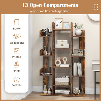 Tree-Shaped Bookshelf with 13 Compartments for Home Office-Rustic Brown
