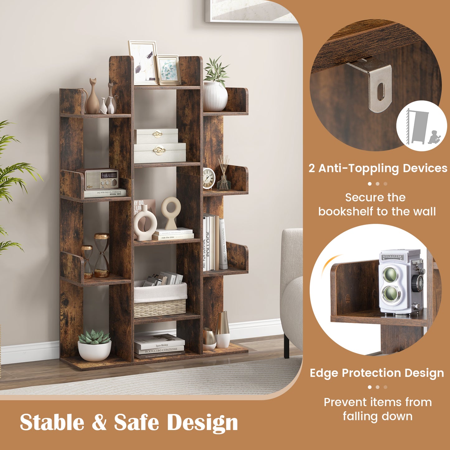 Tree-Shaped Bookshelf with 13 Compartments for Home Office-Rustic Brown Kids Crystal