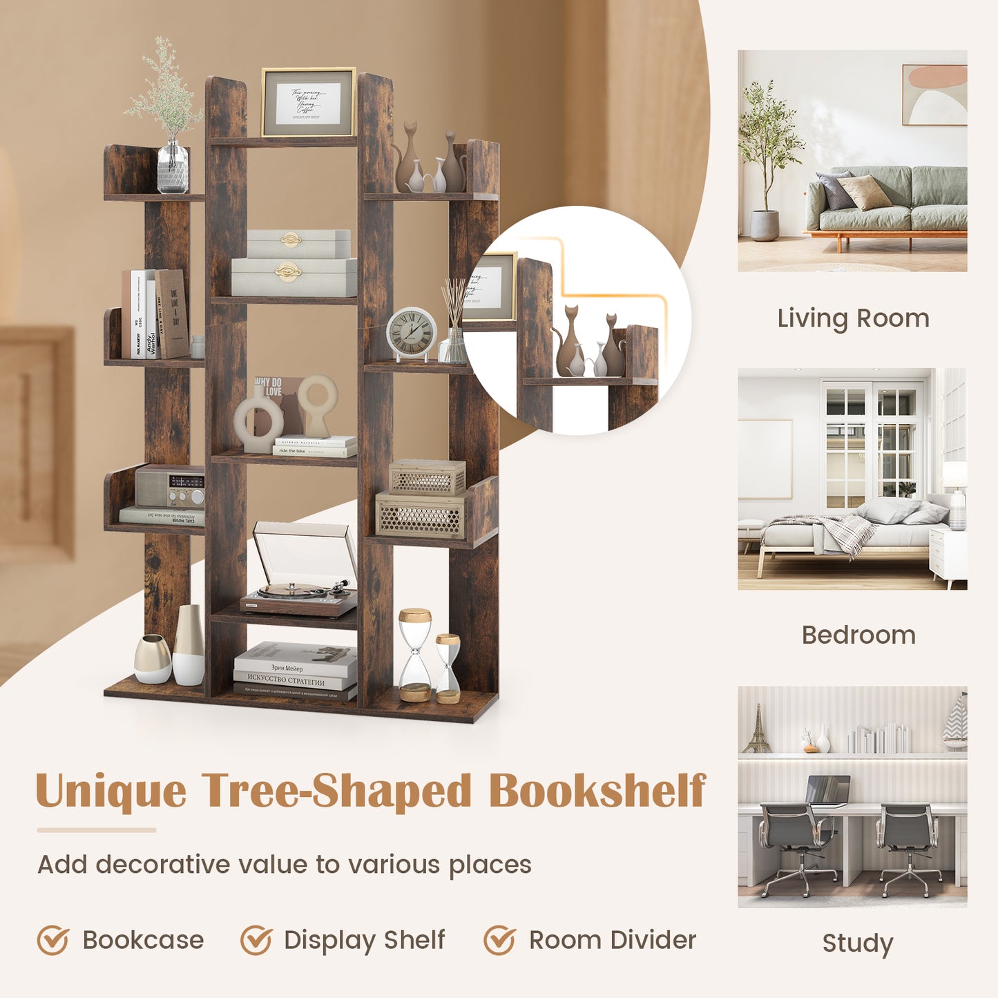 Tree-Shaped Bookshelf with 13 Compartments for Home Office-Rustic Brown Kids Crystal