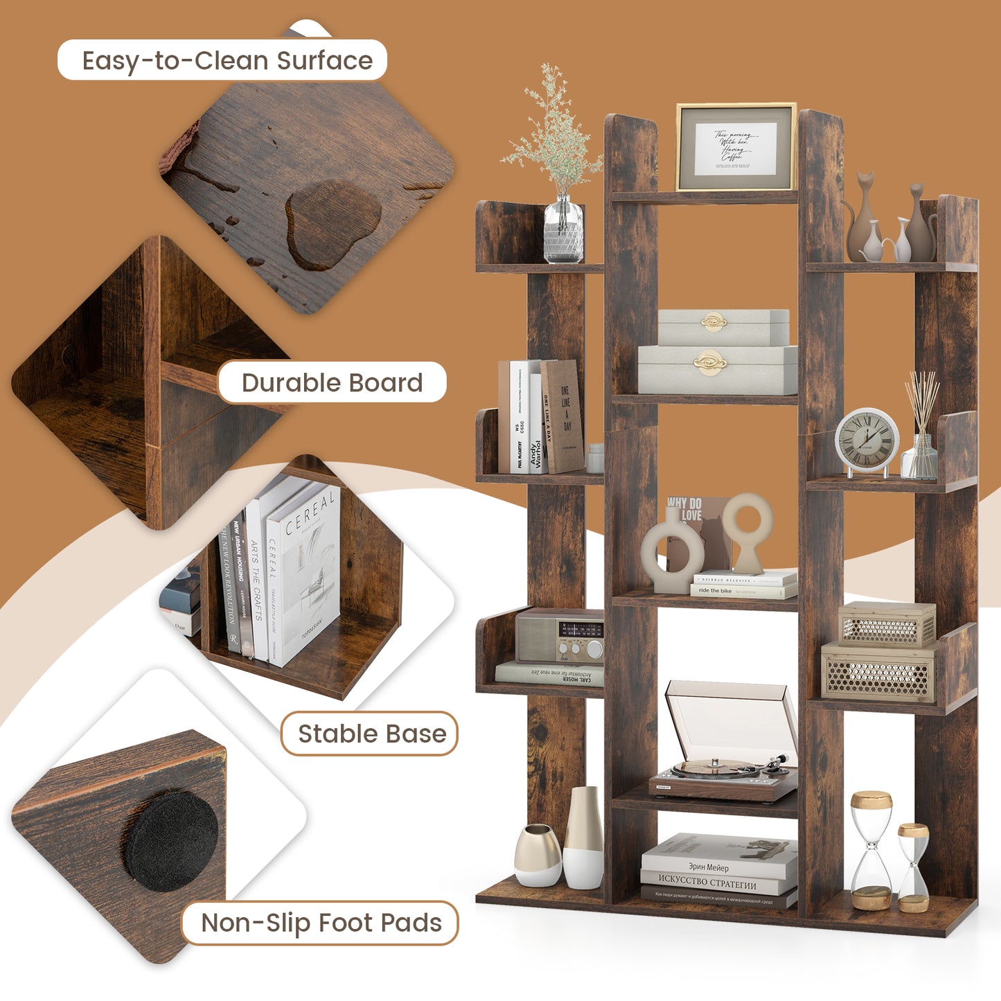 Tree-Shaped Bookshelf with 13 Compartments for Home Office-Rustic Brown Kids Crystal