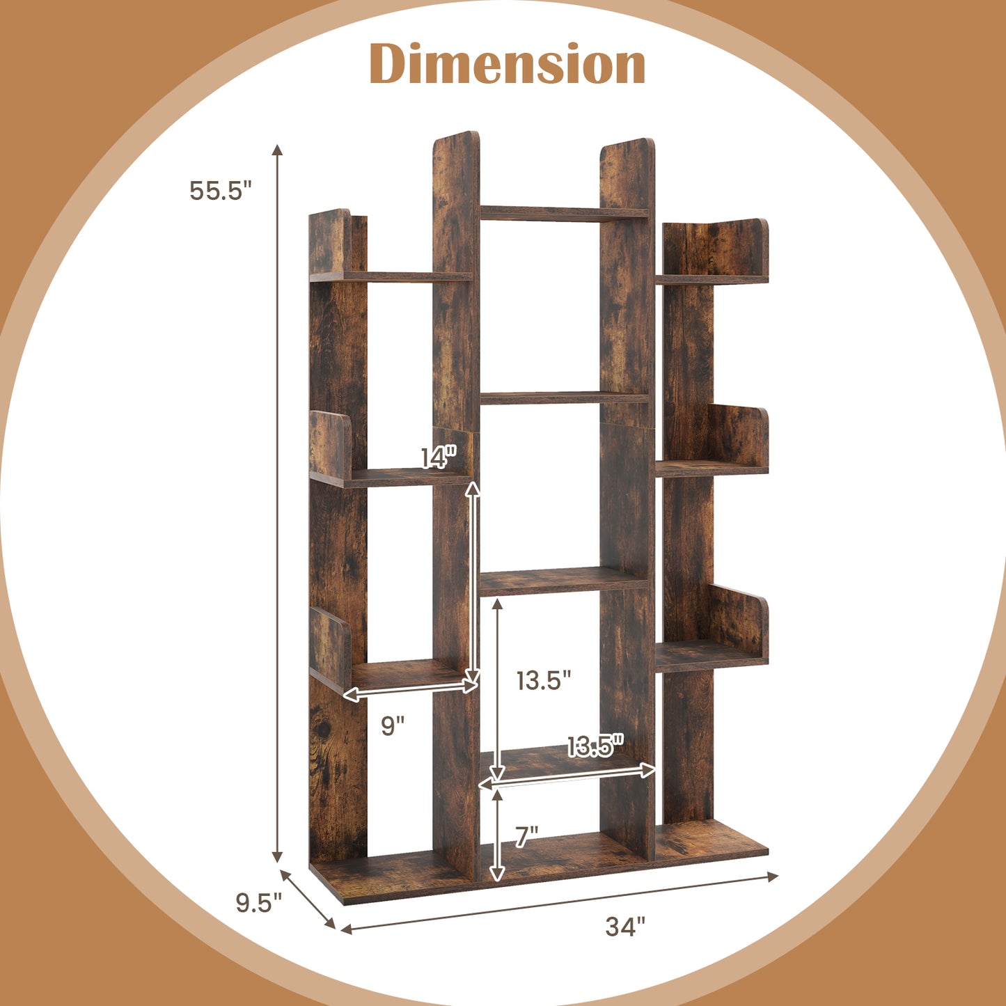 Tree-Shaped Bookshelf with 13 Compartments for Home Office-Rustic Brown Kids Crystal