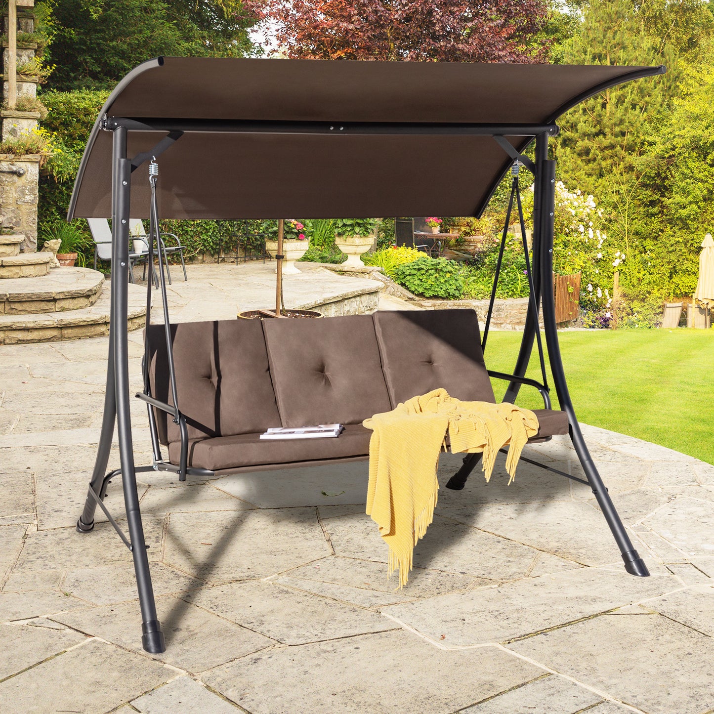 3-Seat Outdoor Porch Swing with Adjustable Canopy and Padded Cushions-Brown Kids Crystal