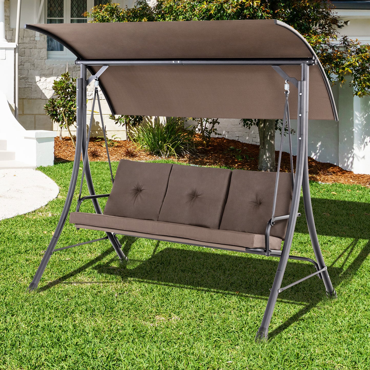 3-Seat Outdoor Porch Swing with Adjustable Canopy and Padded Cushions-Brown Kids Crystal
