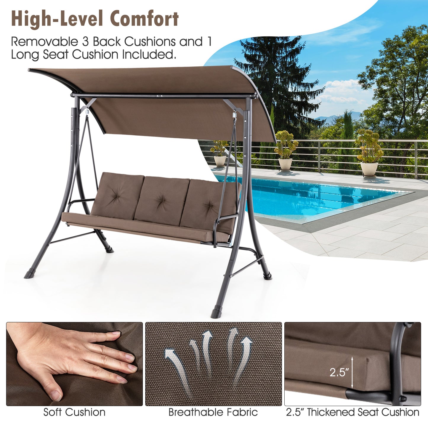 3-Seat Outdoor Porch Swing with Adjustable Canopy and Padded Cushions-Brown Kids Crystal