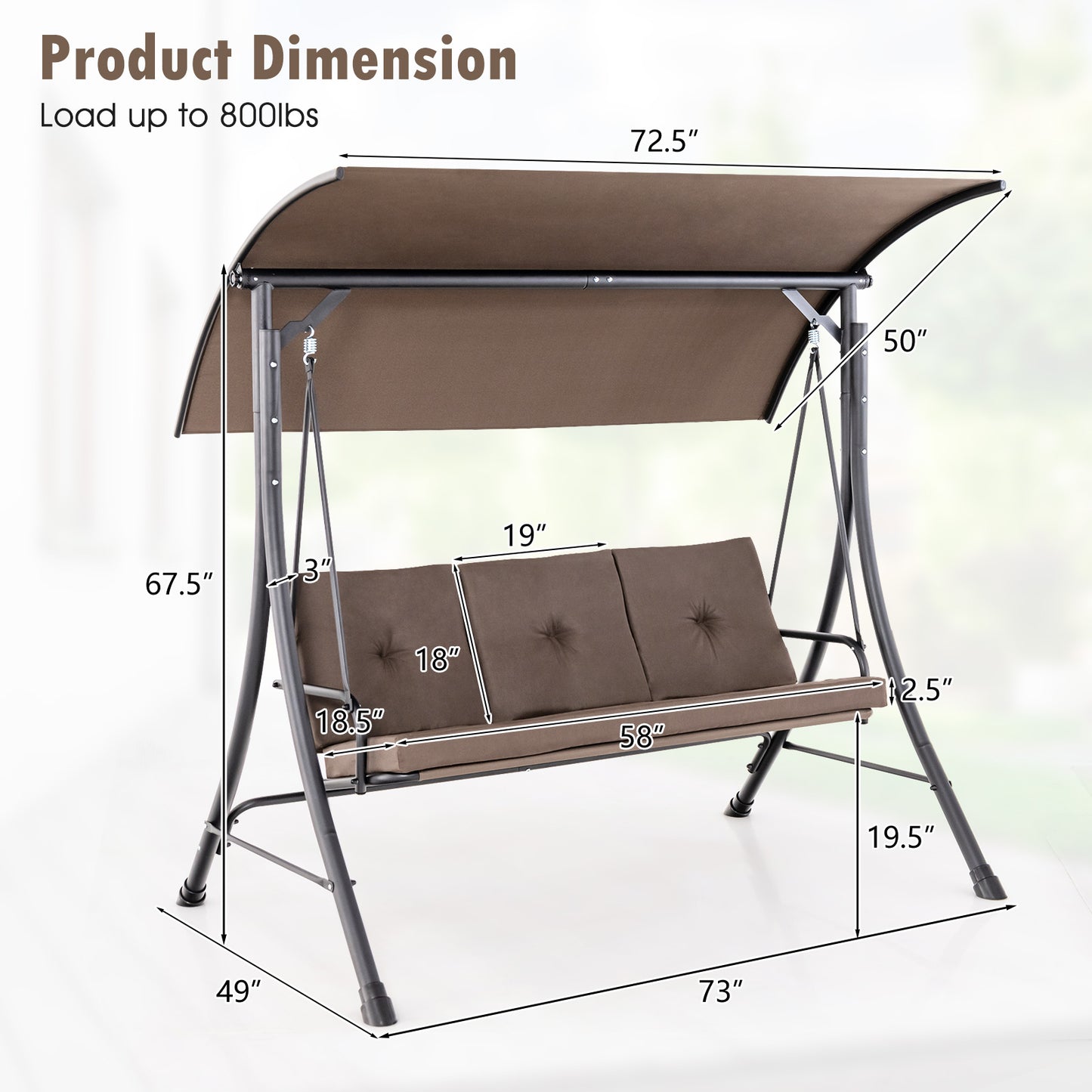 3-Seat Outdoor Porch Swing with Adjustable Canopy and Padded Cushions-Brown Kids Crystal