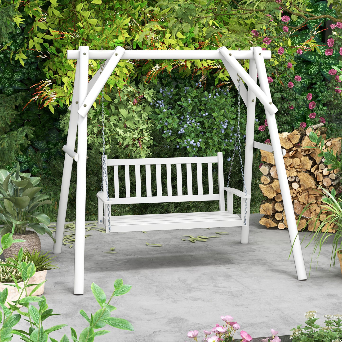 2-Person Wooden Outdoor Porch Swing with 500 lbs Weight Capacity-White Kids Crystal