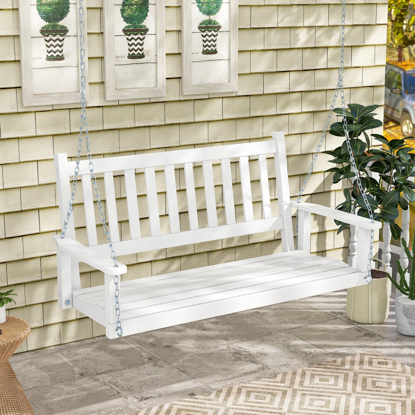 2-Person Wooden Outdoor Porch Swing with 500 lbs Weight Capacity-White Kids Crystal