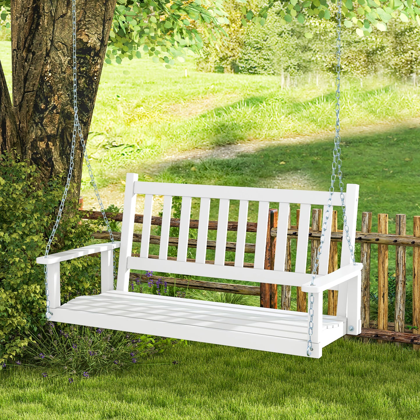 2-Person Wooden Outdoor Porch Swing with 500 lbs Weight Capacity-White Kids Crystal