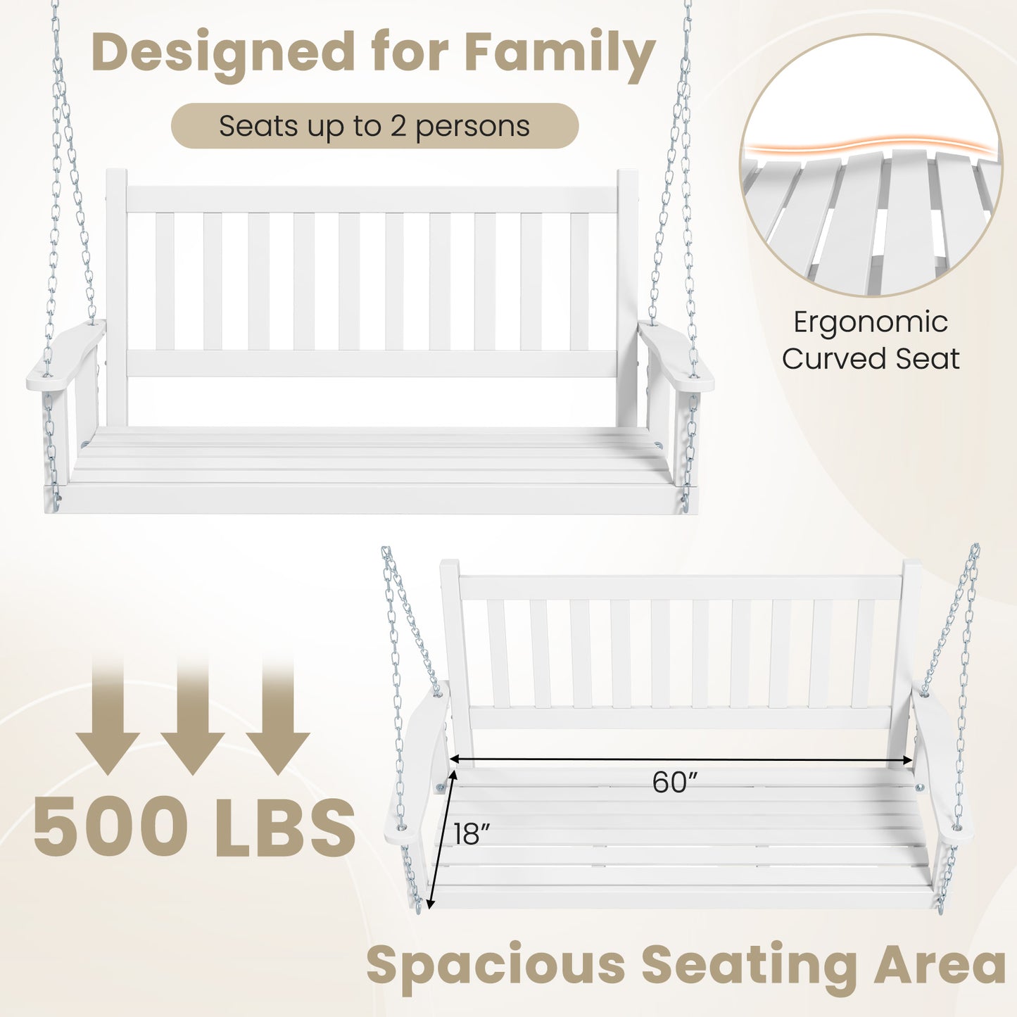 2-Person Wooden Outdoor Porch Swing with 500 lbs Weight Capacity-White Kids Crystal