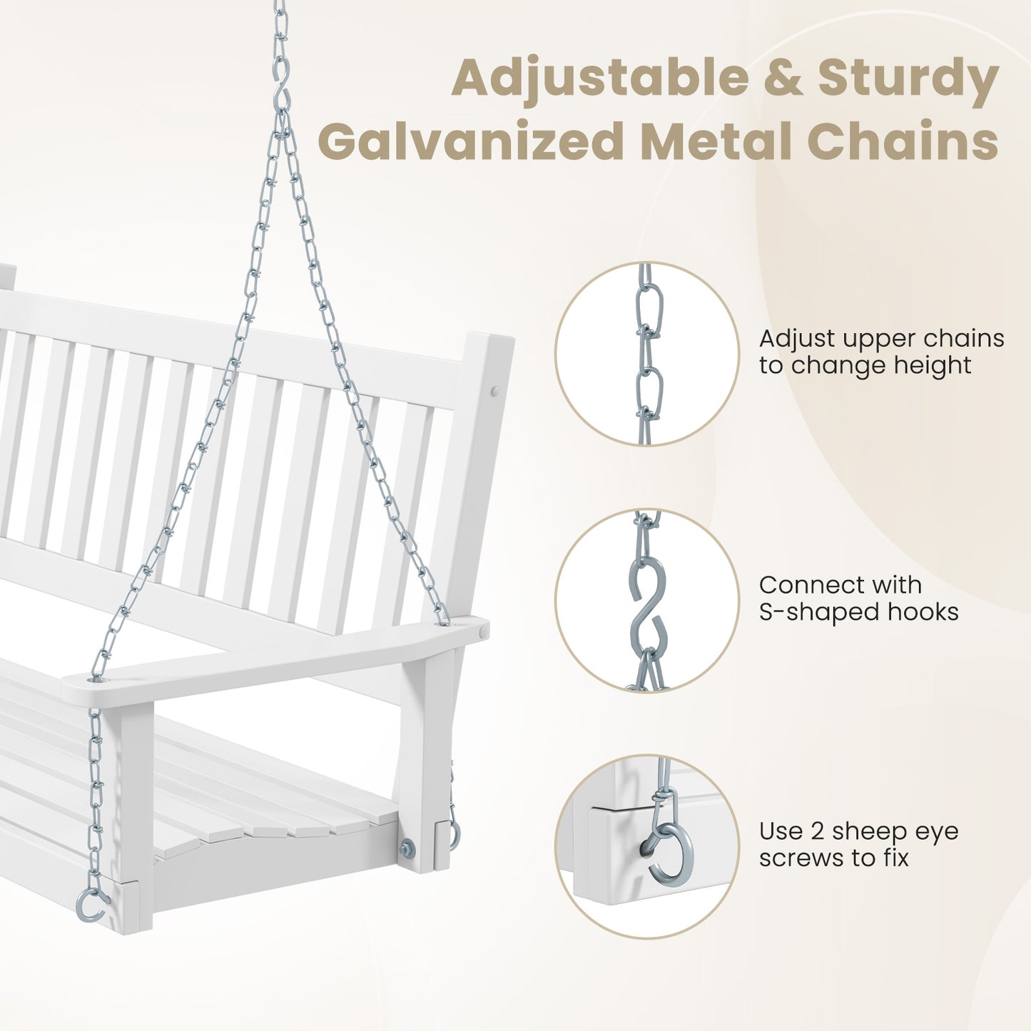2-Person Wooden Outdoor Porch Swing with 500 lbs Weight Capacity-White Kids Crystal