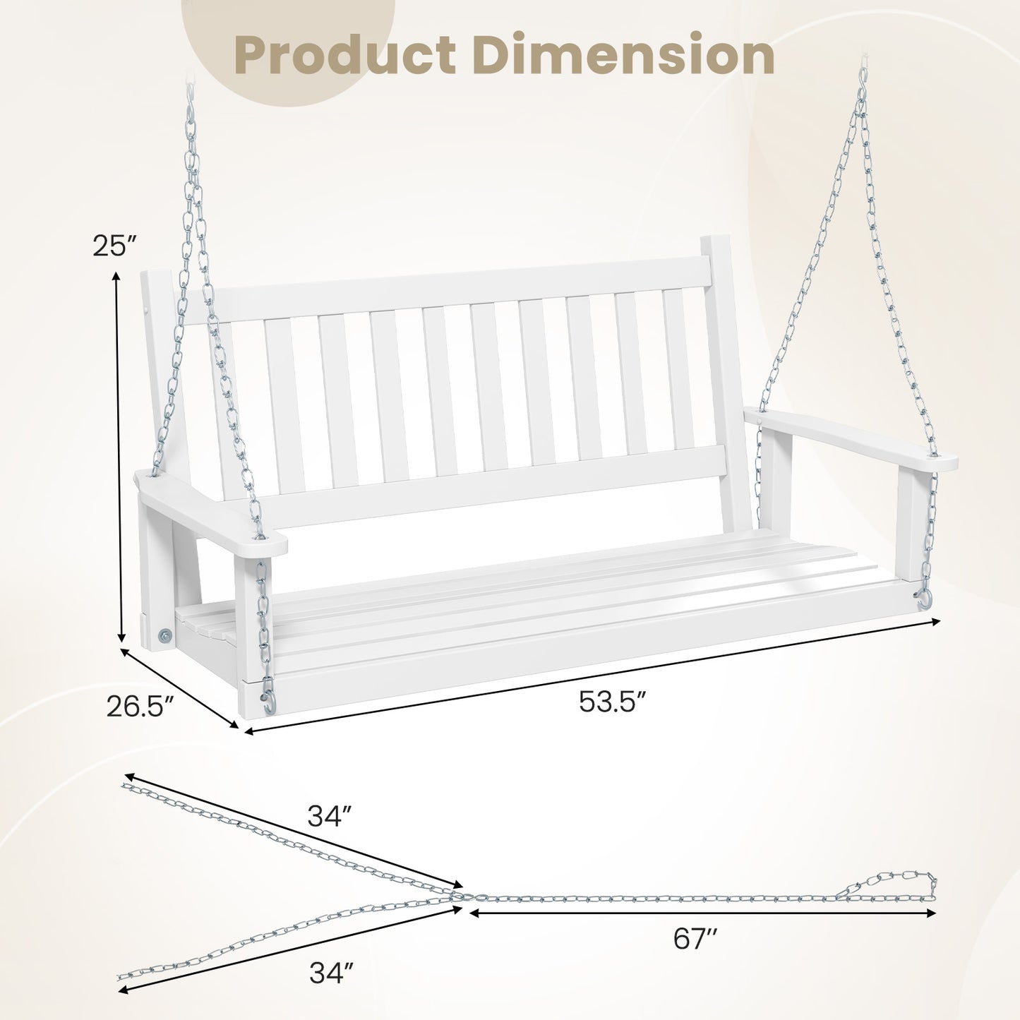 2-Person Wooden Outdoor Porch Swing with 500 lbs Weight Capacity-White Kids Crystal