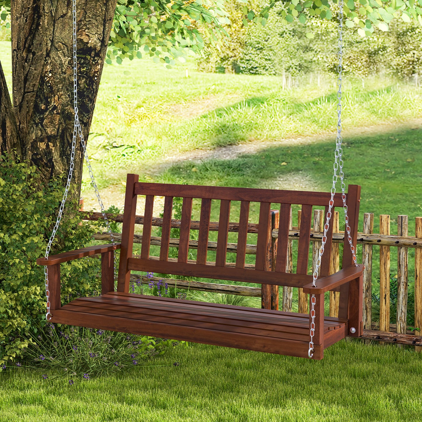 3-Person Wooden Outdoor Porch Swing with 800 lbs Weight Capacity-Brown Kids Crystal