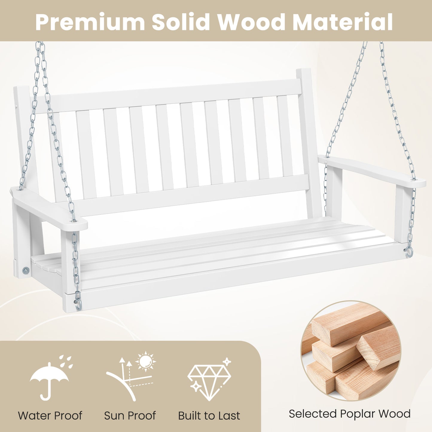 3-Person Wooden Outdoor Porch Swing with 800 lbs Weight Capacity-White Kids Crystal