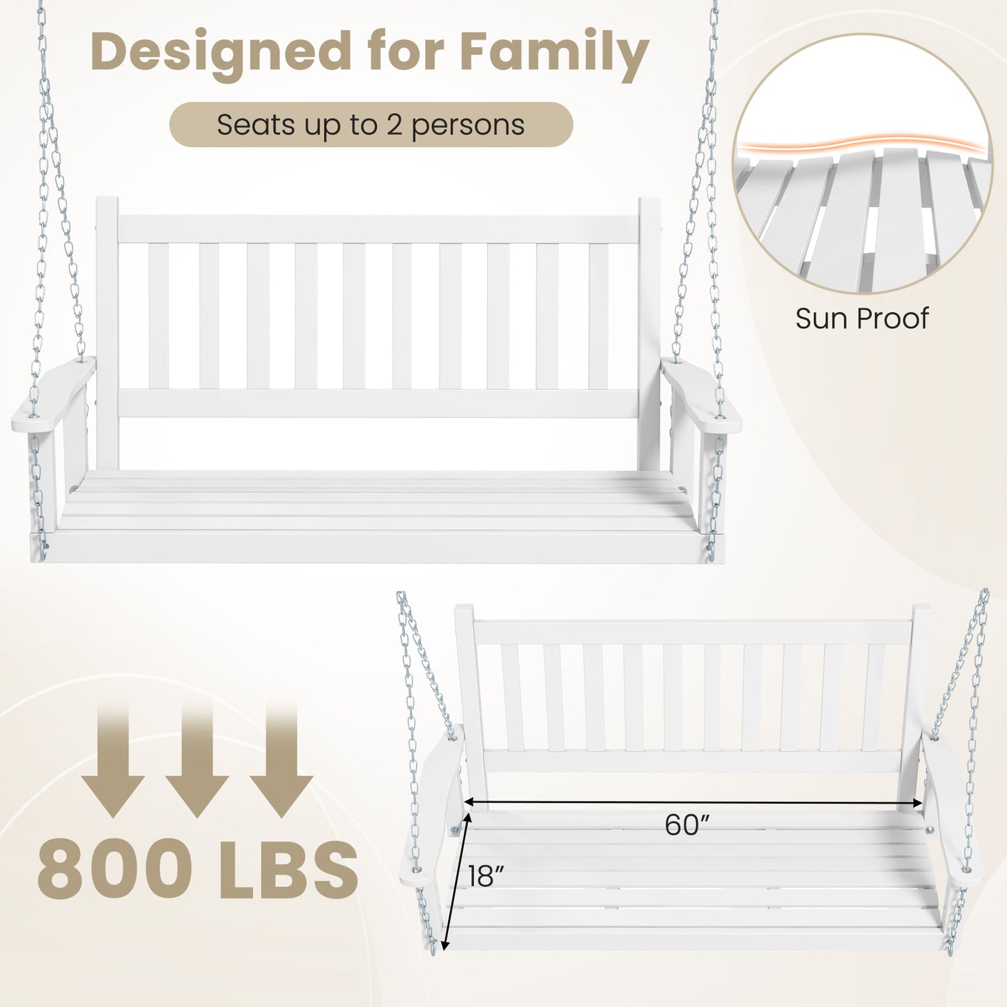 3-Person Wooden Outdoor Porch Swing with 800 lbs Weight Capacity-White Kids Crystal
