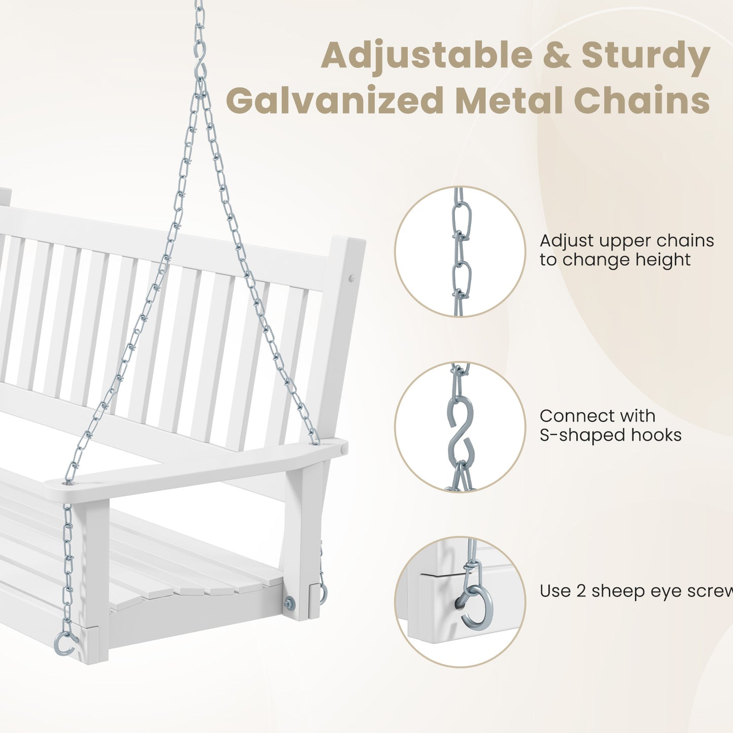 3-Person Wooden Outdoor Porch Swing with 800 lbs Weight Capacity-White Kids Crystal