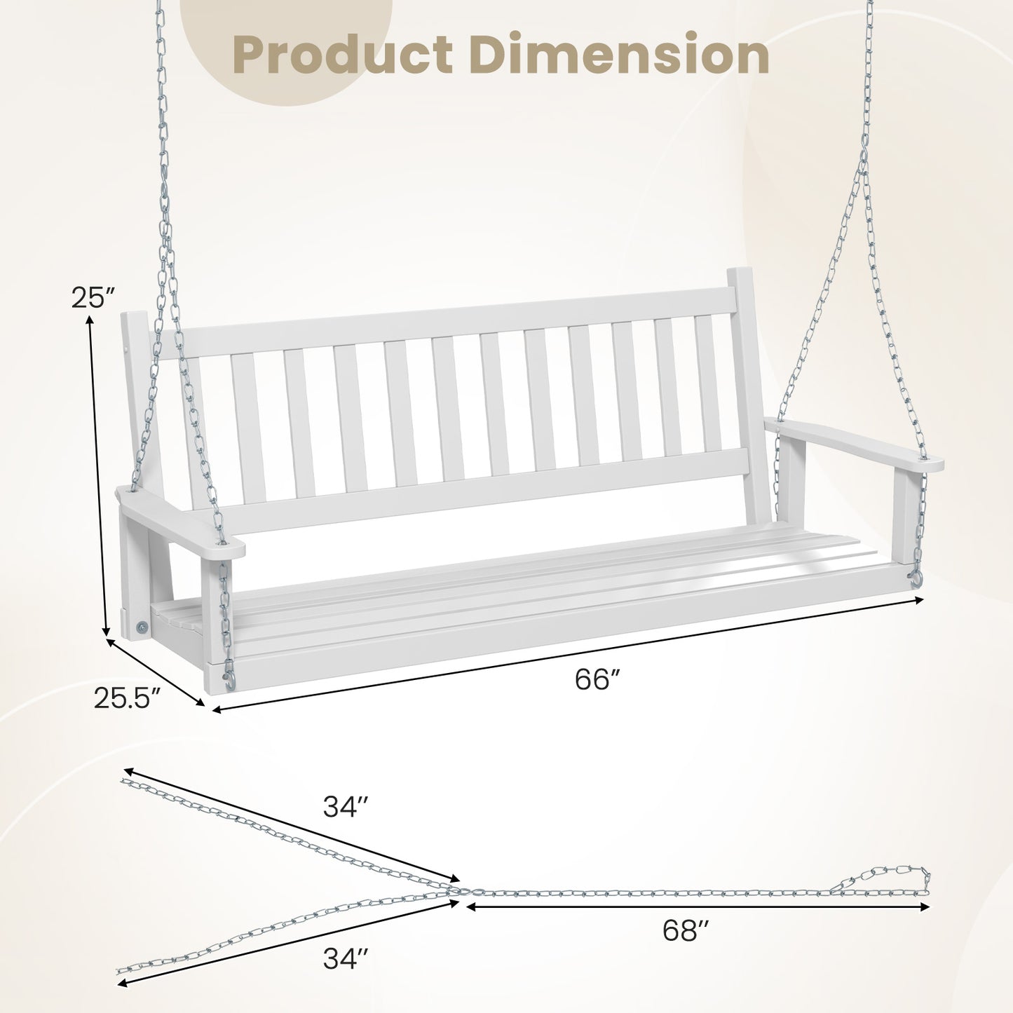 3-Person Wooden Outdoor Porch Swing with 800 lbs Weight Capacity-White Kids Crystal