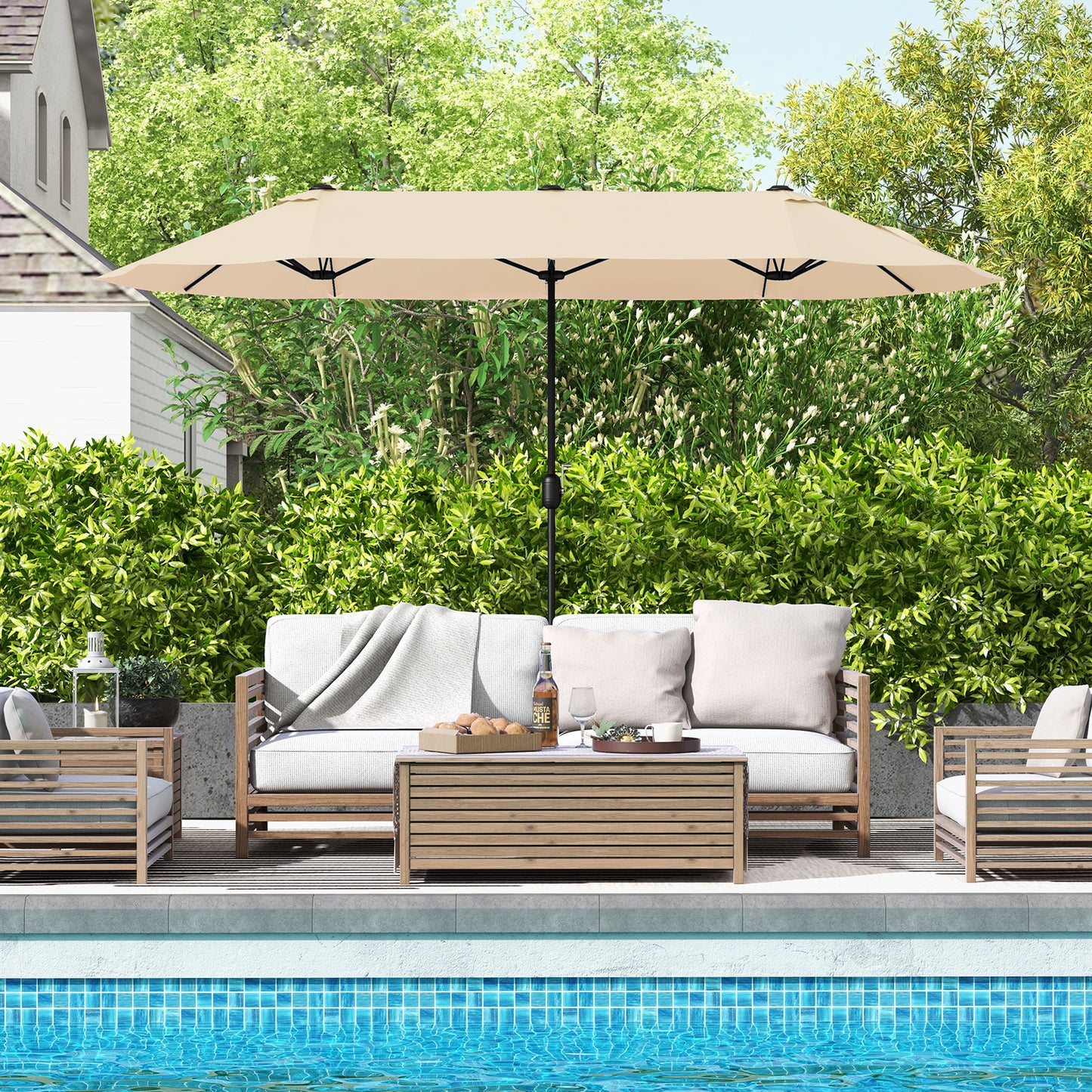 13 Feet Double-Sided Patio Twin Table Umbrella with Crank Handle-Beige Kids Crystal