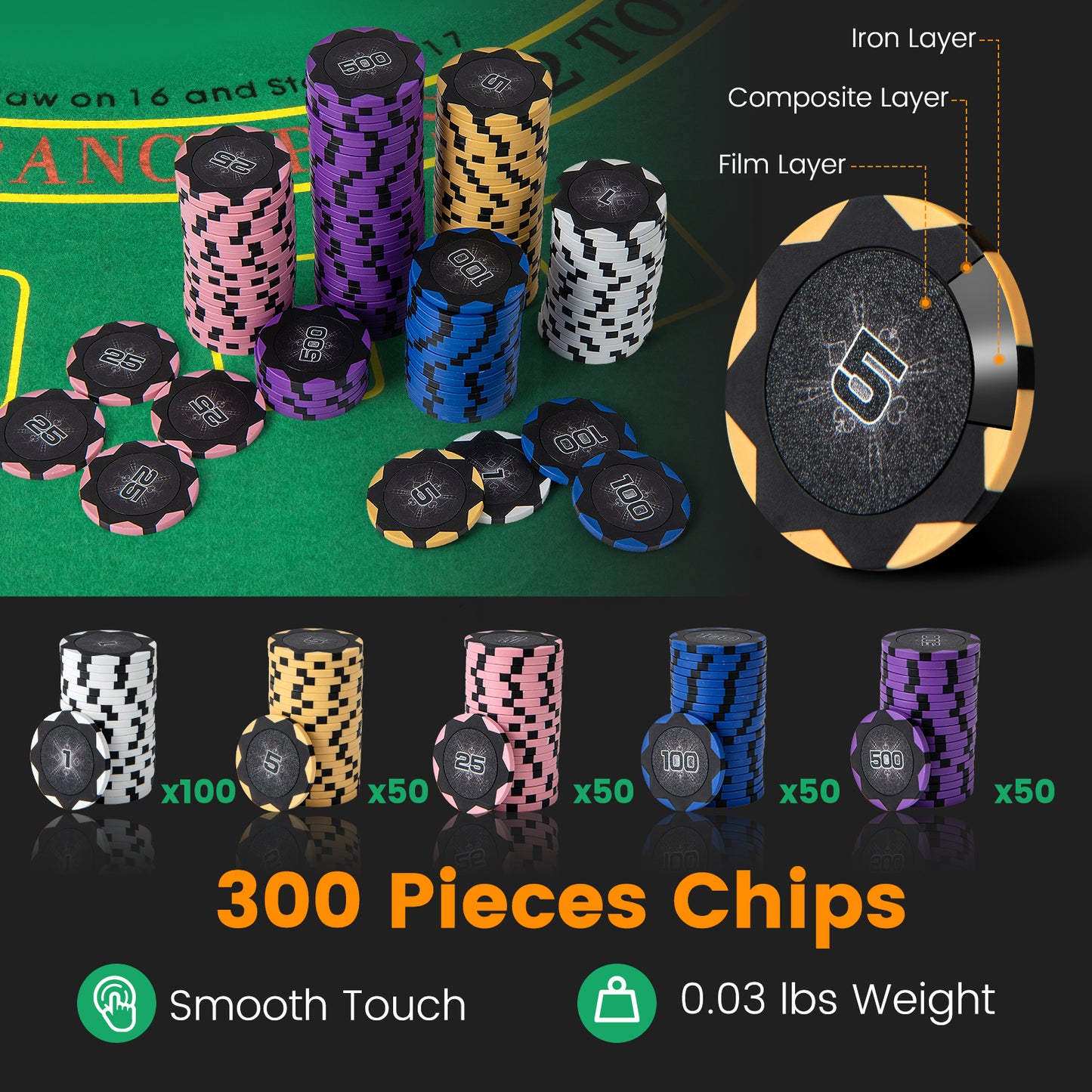 14 Gram Poker Chips 300 Pieces Casino Poker Chip Set-Black Kids Crystal