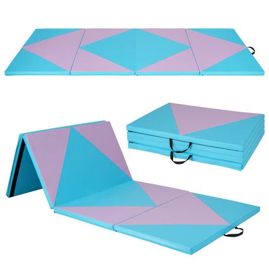 4-Panel PU Leather Folding Exercise Gym Mat with Hook and Loop Fasteners-Pink & Blue Kids Crystal