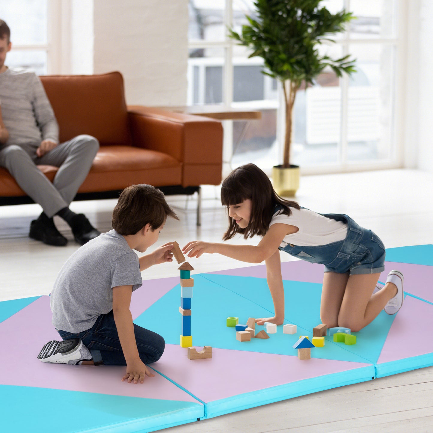 4-Panel PU Leather Folding Exercise Gym Mat with Hook and Loop Fasteners-Pink & Blue Kids Crystal
