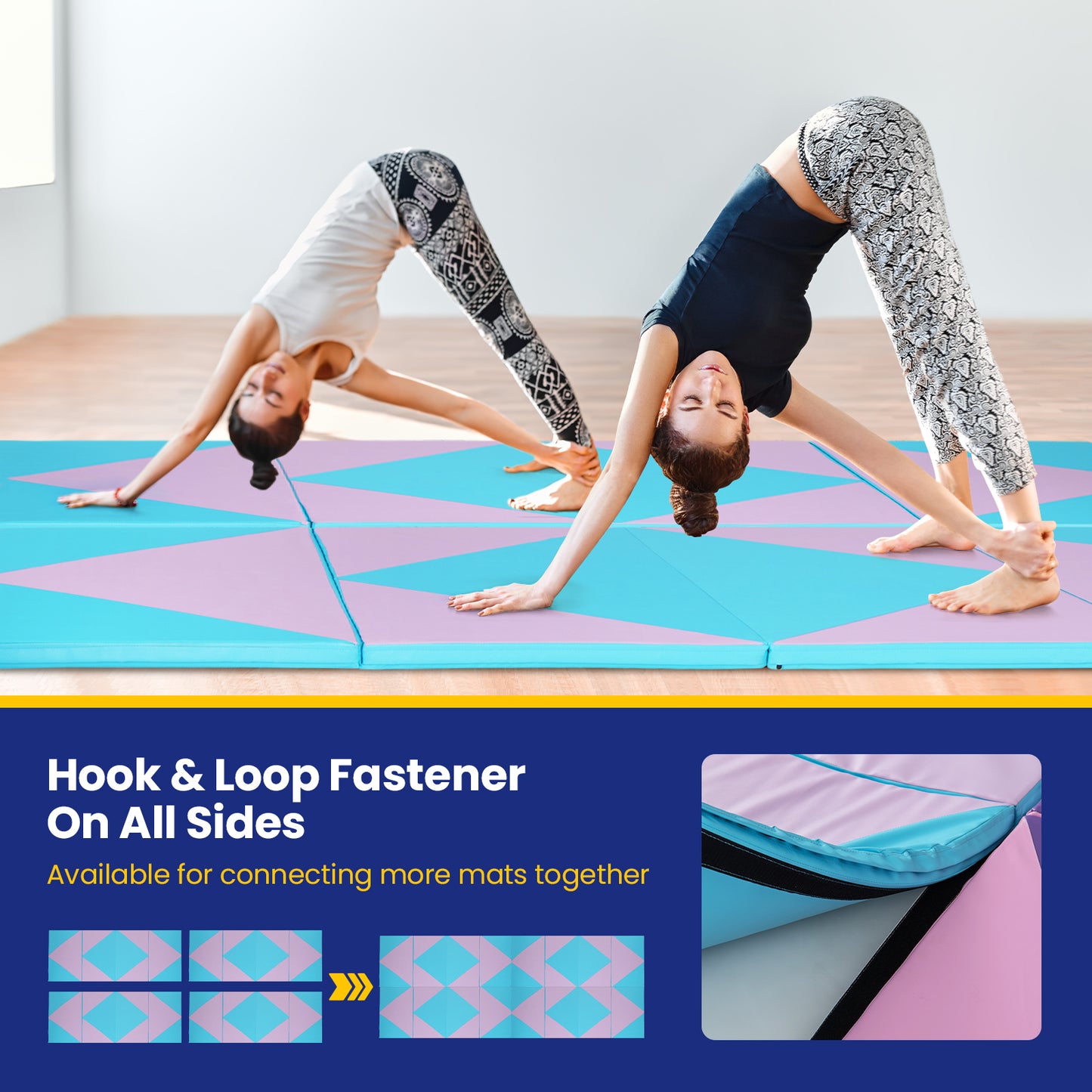 4-Panel PU Leather Folding Exercise Gym Mat with Hook and Loop Fasteners-Pink & Blue Kids Crystal