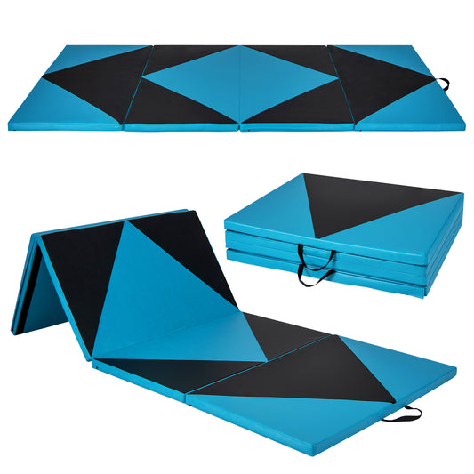 4-Panel PU Leather Folding Exercise Gym Mat with Hook and Loop Fasteners-Black & Turquoise Kids Crystal