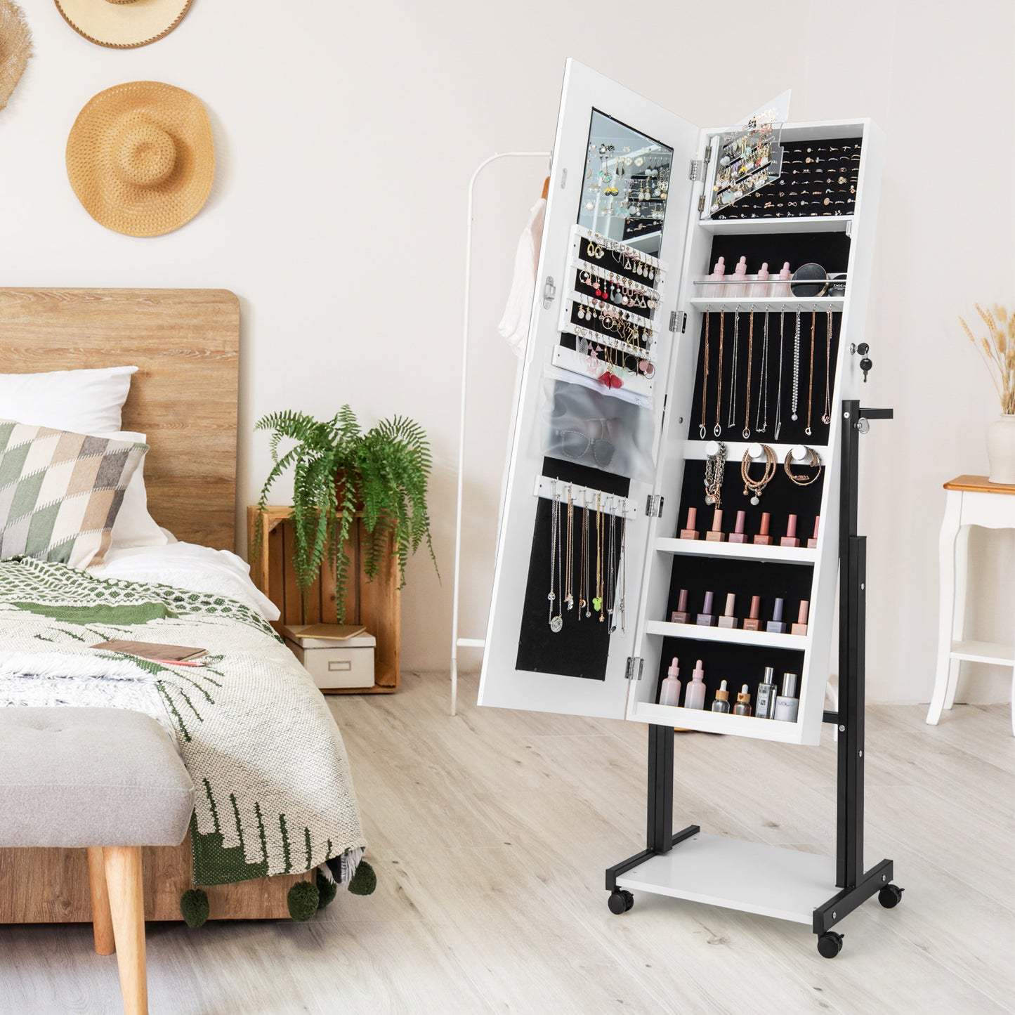 3-Color 46 LED Lights Mirror Jewelry Cabinet Armoire Adjustable Height with Wheels-White Kids Crystal