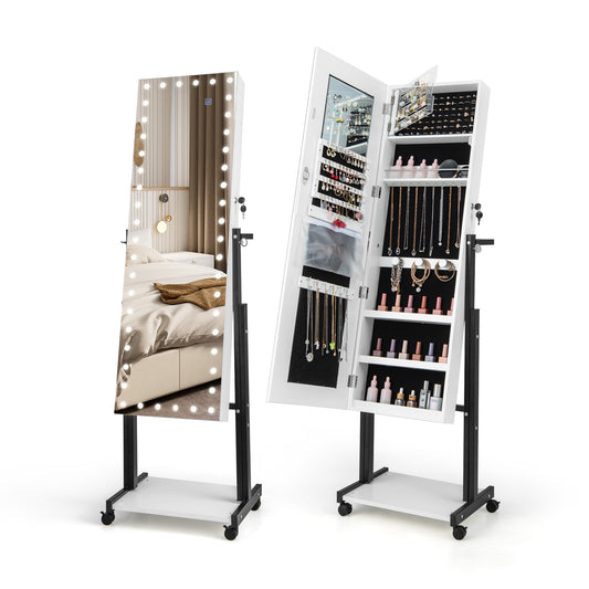 3-Color 46 LED Lights Mirror Jewelry Cabinet Armoire Adjustable Height with Wheels-White Kids Crystal