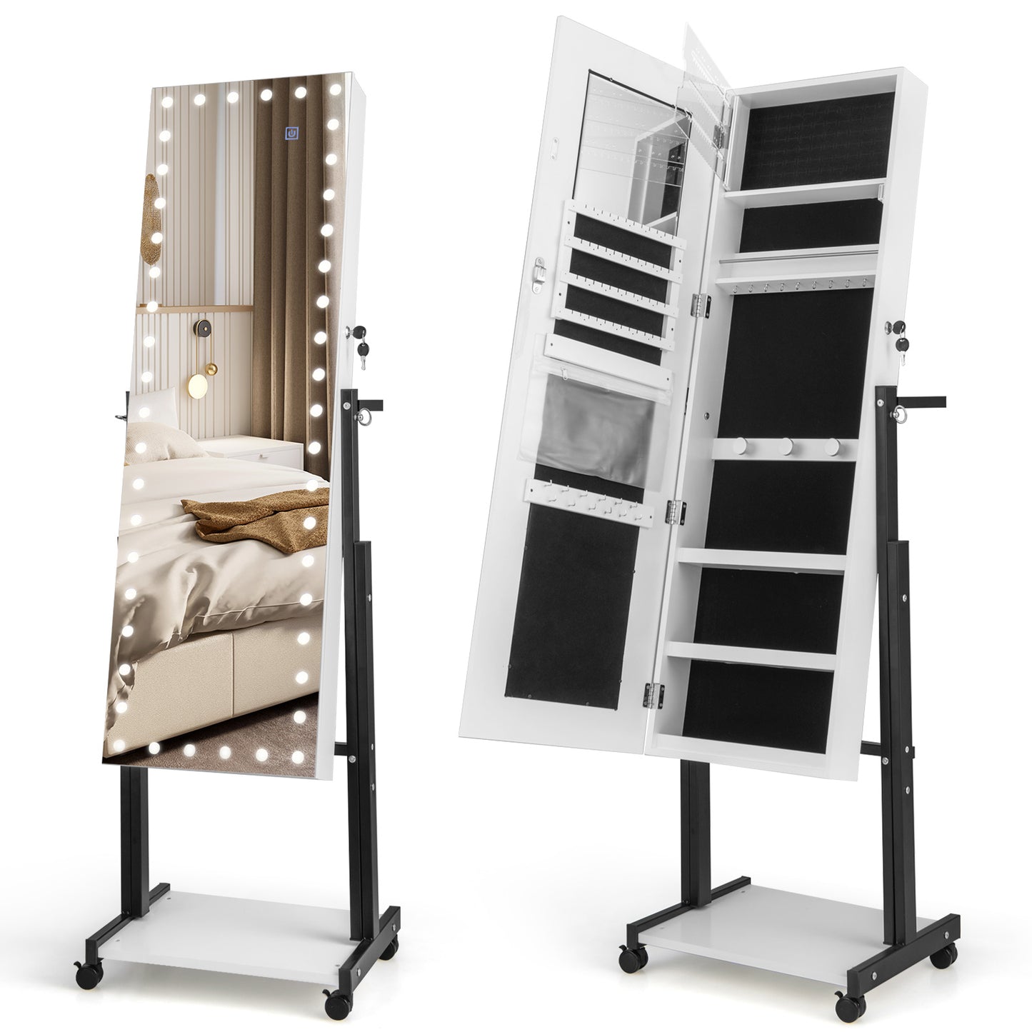 3-Color 46 LED Lights Mirror Jewelry Cabinet Armoire Adjustable Height with Wheels-White Kids Crystal