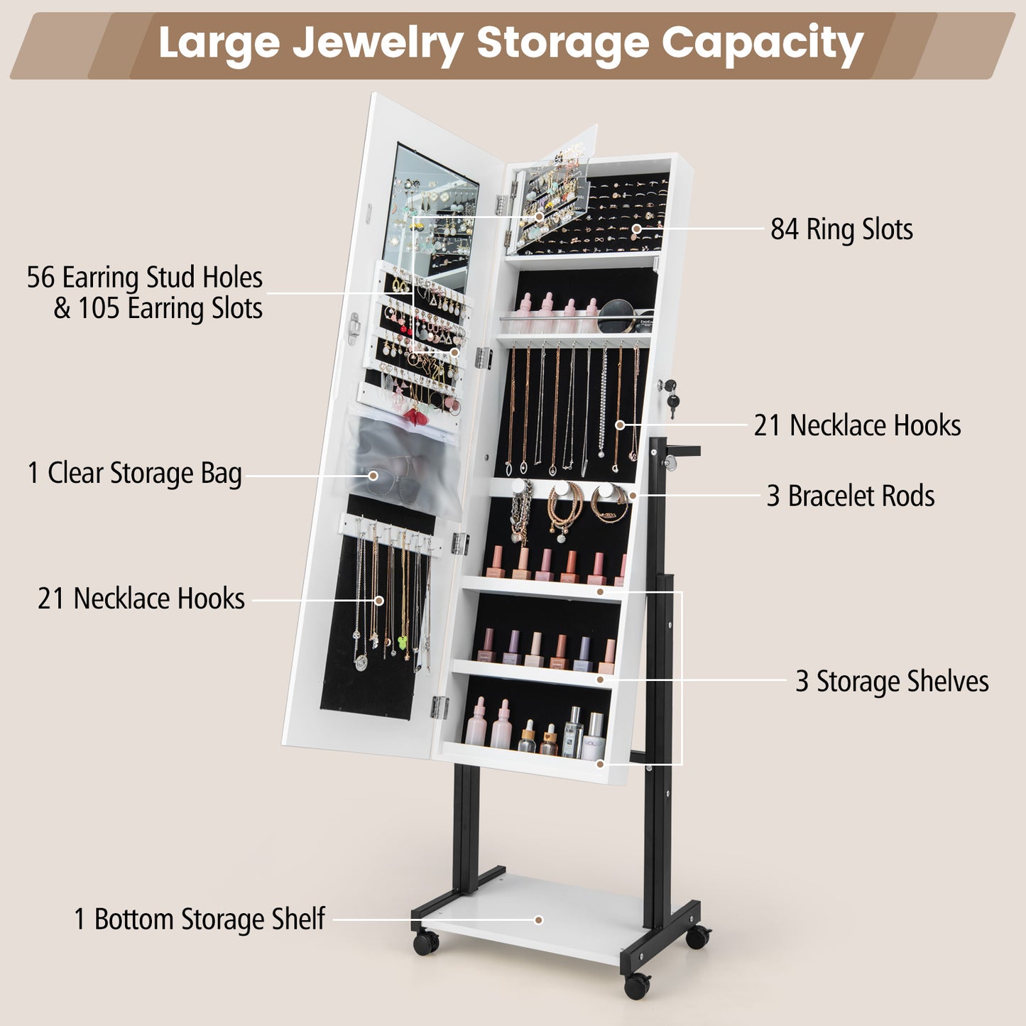 3-Color 46 LED Lights Mirror Jewelry Cabinet Armoire Adjustable Height with Wheels-White Kids Crystal