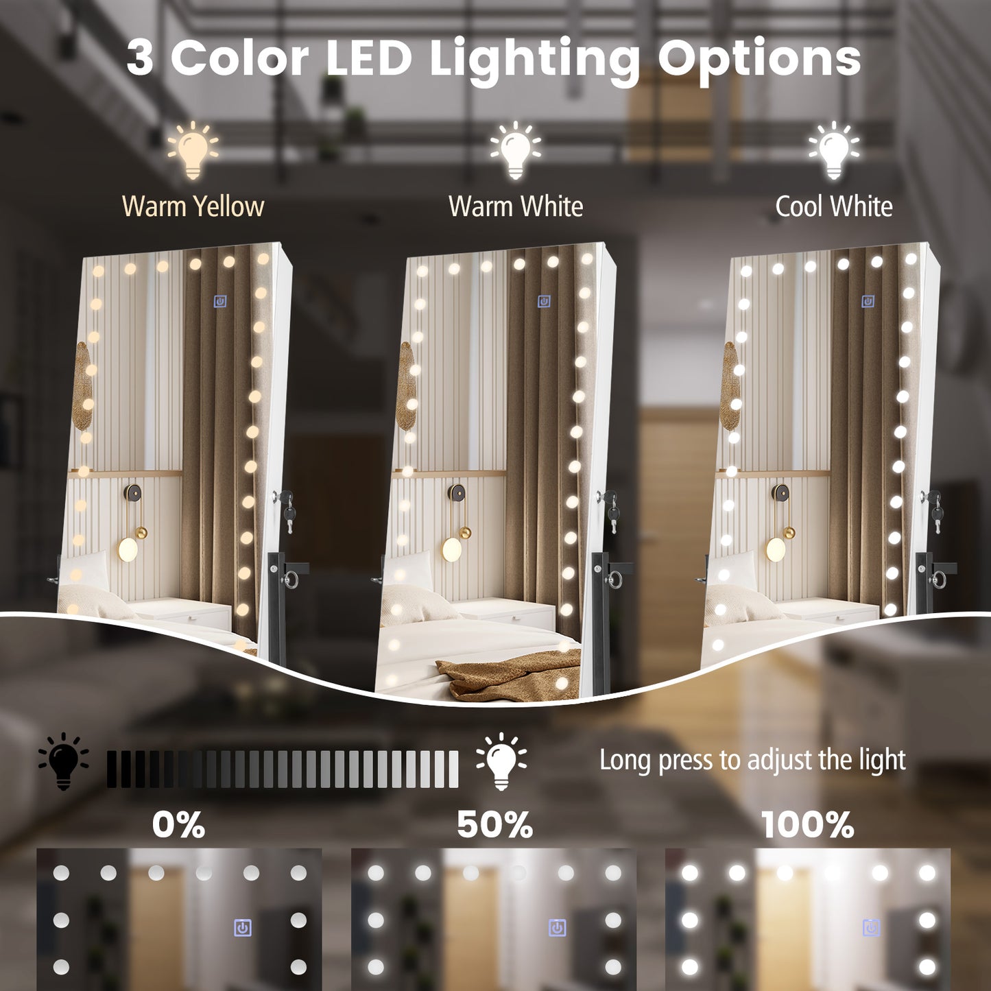 3-Color 46 LED Lights Mirror Jewelry Cabinet Armoire Adjustable Height with Wheels-White Kids Crystal