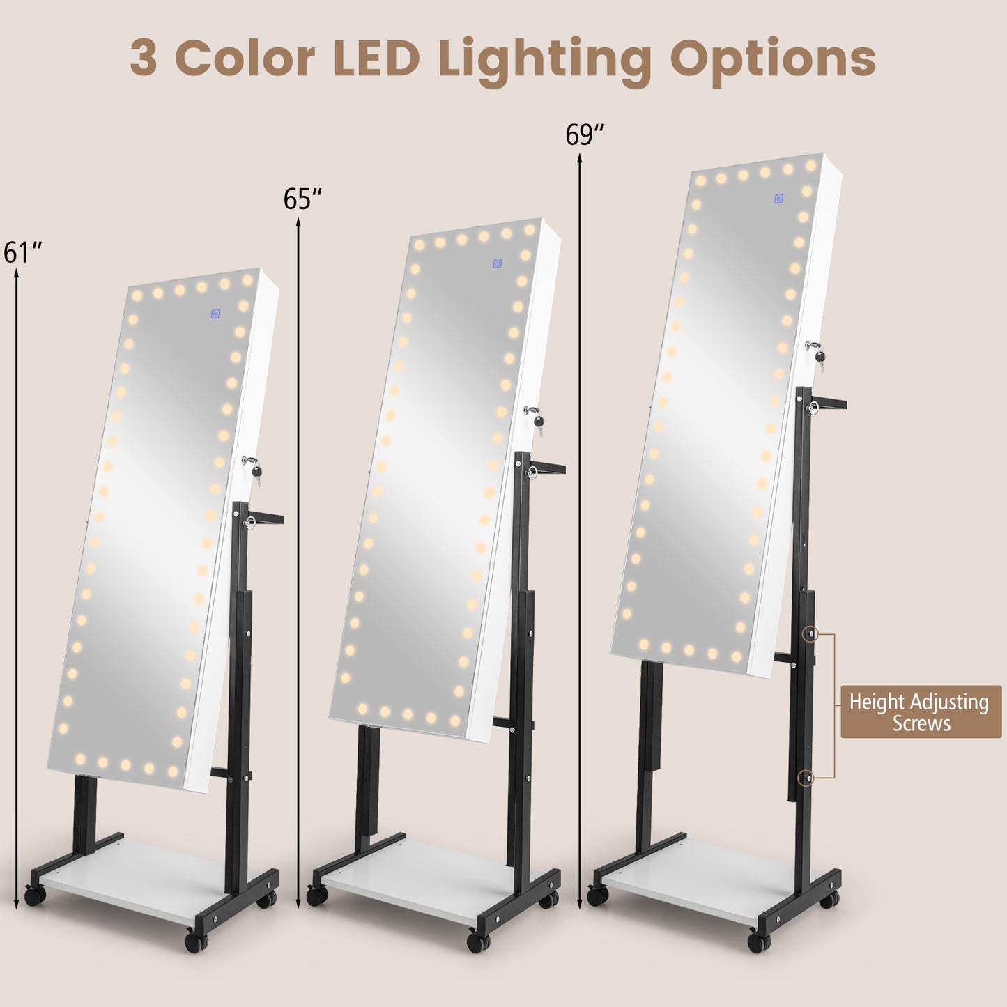 3-Color 46 LED Lights Mirror Jewelry Cabinet Armoire Adjustable Height with Wheels-White Kids Crystal