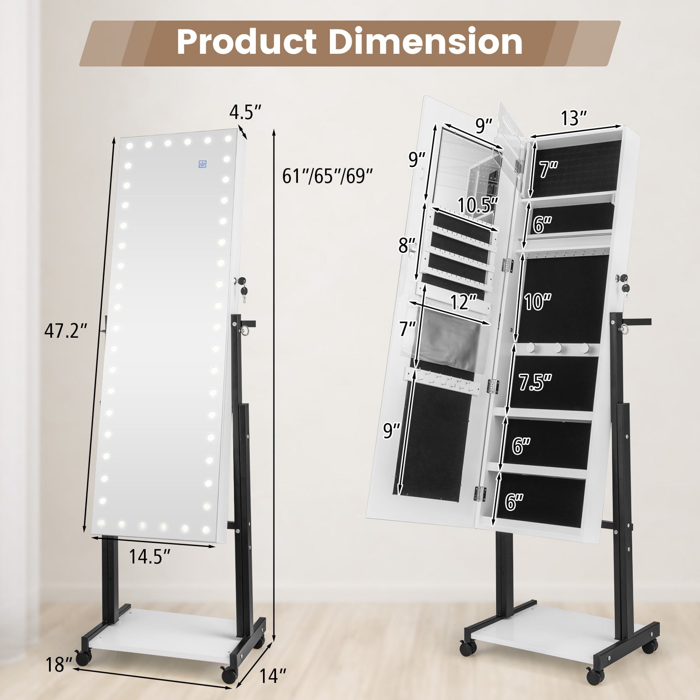 3-Color 46 LED Lights Mirror Jewelry Cabinet Armoire Adjustable Height with Wheels-White Kids Crystal