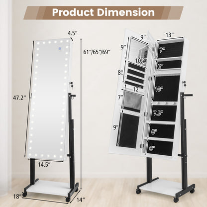 3-Color 46 LED Lights Mirror Jewelry Cabinet Armoire Adjustable Height with Wheels-White