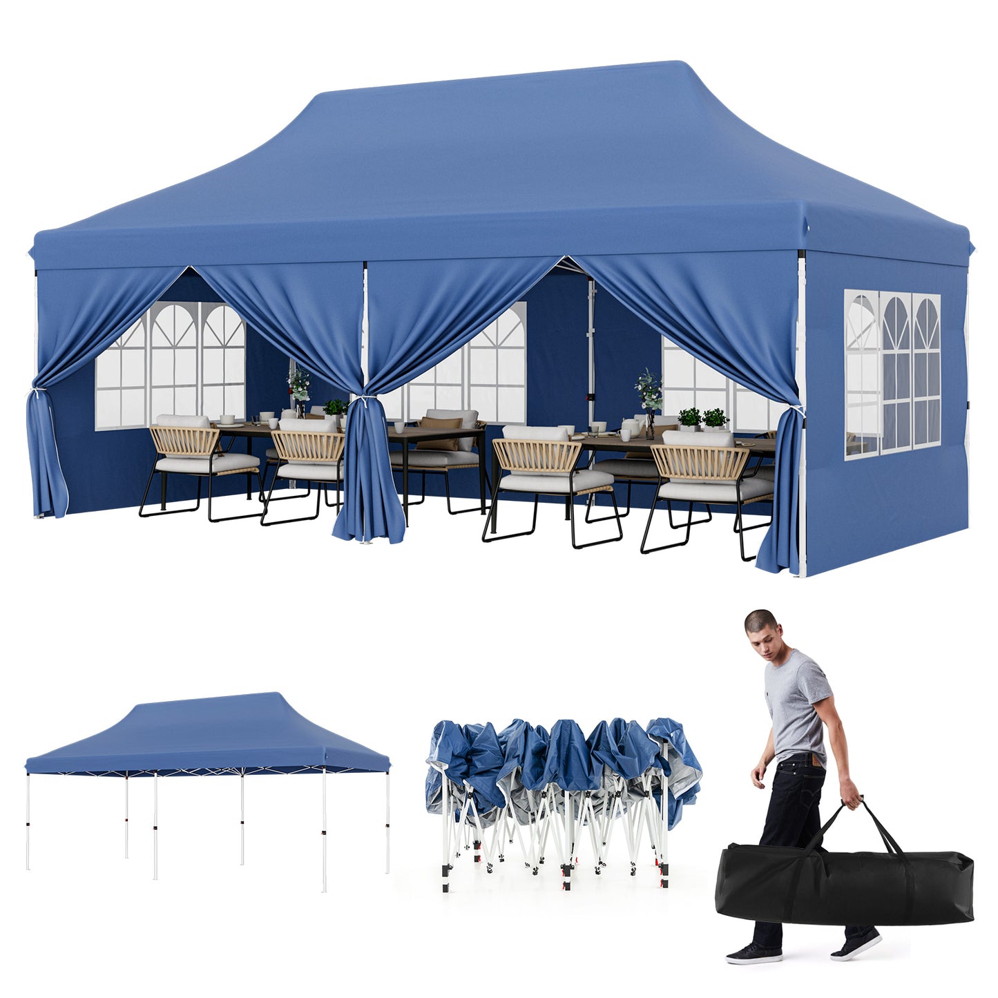 10 x 20 FT Pop up Canopy with 6 Sidewalls and Windows and Carrying Bag for Party Wedding Picnic-Blue Kids Crystal