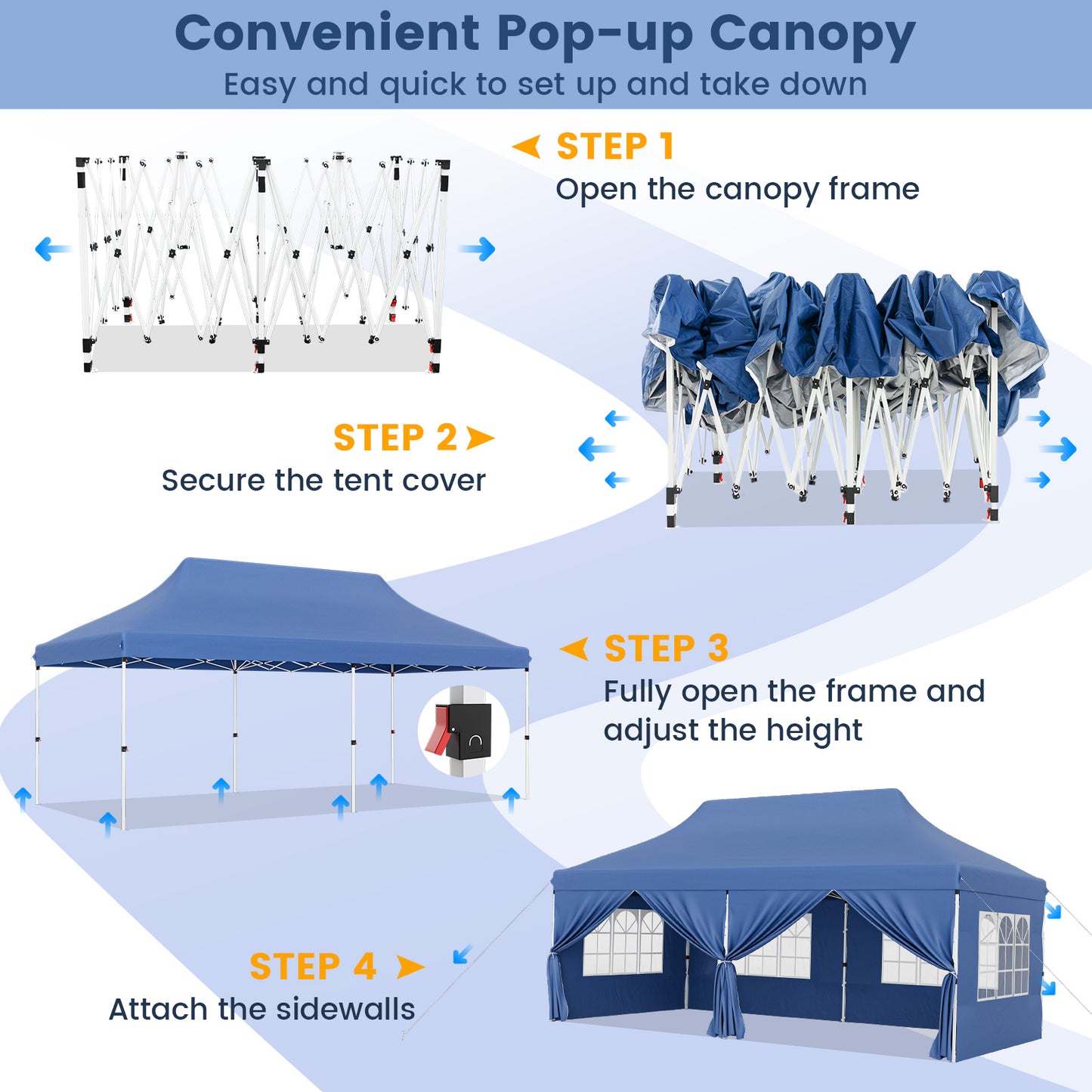 10 x 20 FT Pop up Canopy with 6 Sidewalls and Windows and Carrying Bag for Party Wedding Picnic-Blue Kids Crystal