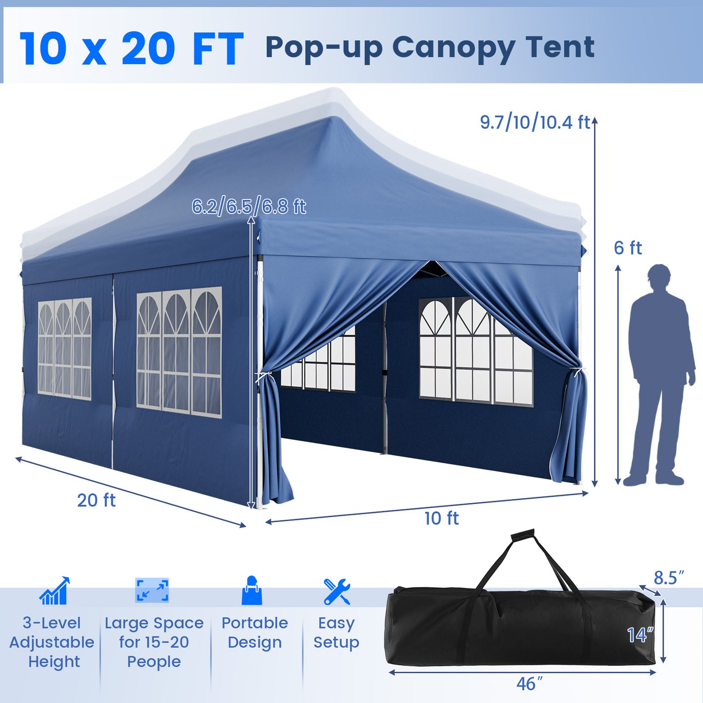 10 x 20 FT Pop up Canopy with 6 Sidewalls and Windows and Carrying Bag for Party Wedding Picnic-Blue Kids Crystal