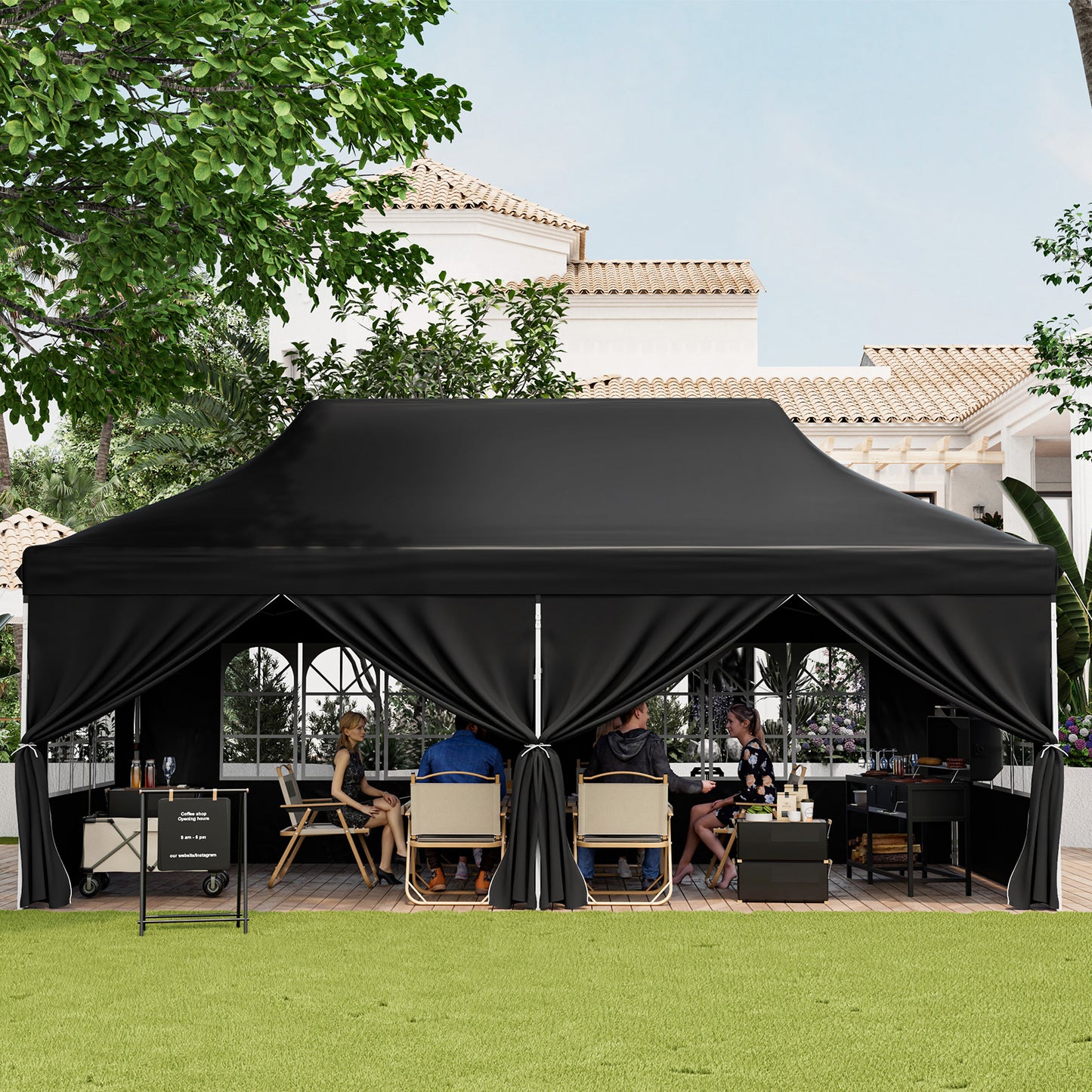10 x 20 FT Pop up Canopy with 6 Sidewalls and Windows and Carrying Bag for Party Wedding Picnic-Black Kids Crystal