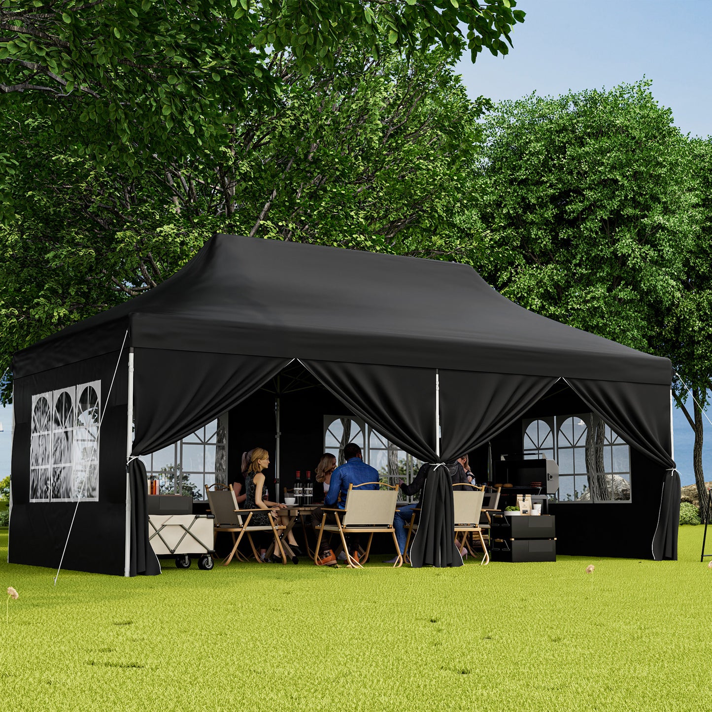 10 x 20 FT Pop up Canopy with 6 Sidewalls and Windows and Carrying Bag for Party Wedding Picnic-Black Kids Crystal
