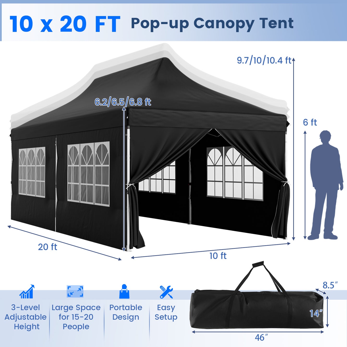 10 x 20 FT Pop up Canopy with 6 Sidewalls and Windows and Carrying Bag for Party Wedding Picnic-Black Kids Crystal