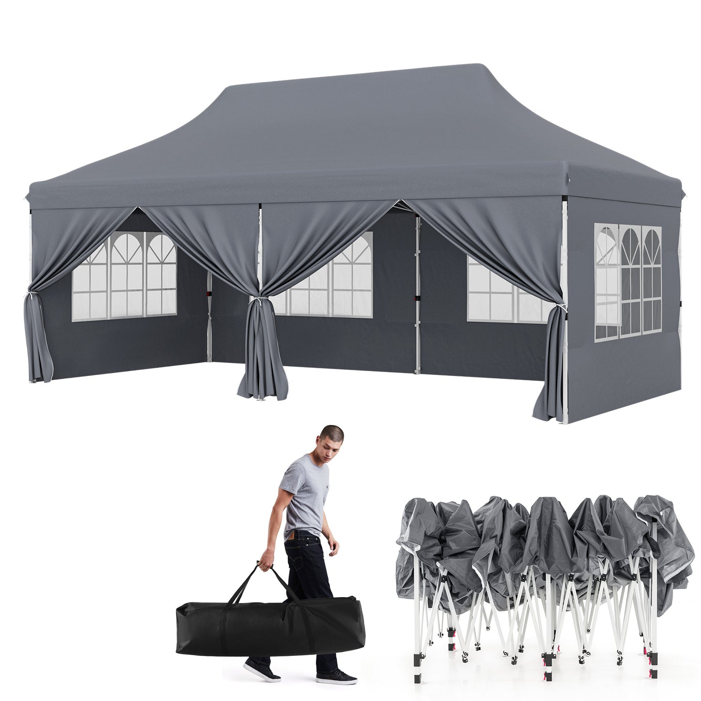 10 x 20 FT Pop up Canopy with 6 Sidewalls and Windows and Carrying Bag for Party Wedding Picnic-Gray Kids Crystal