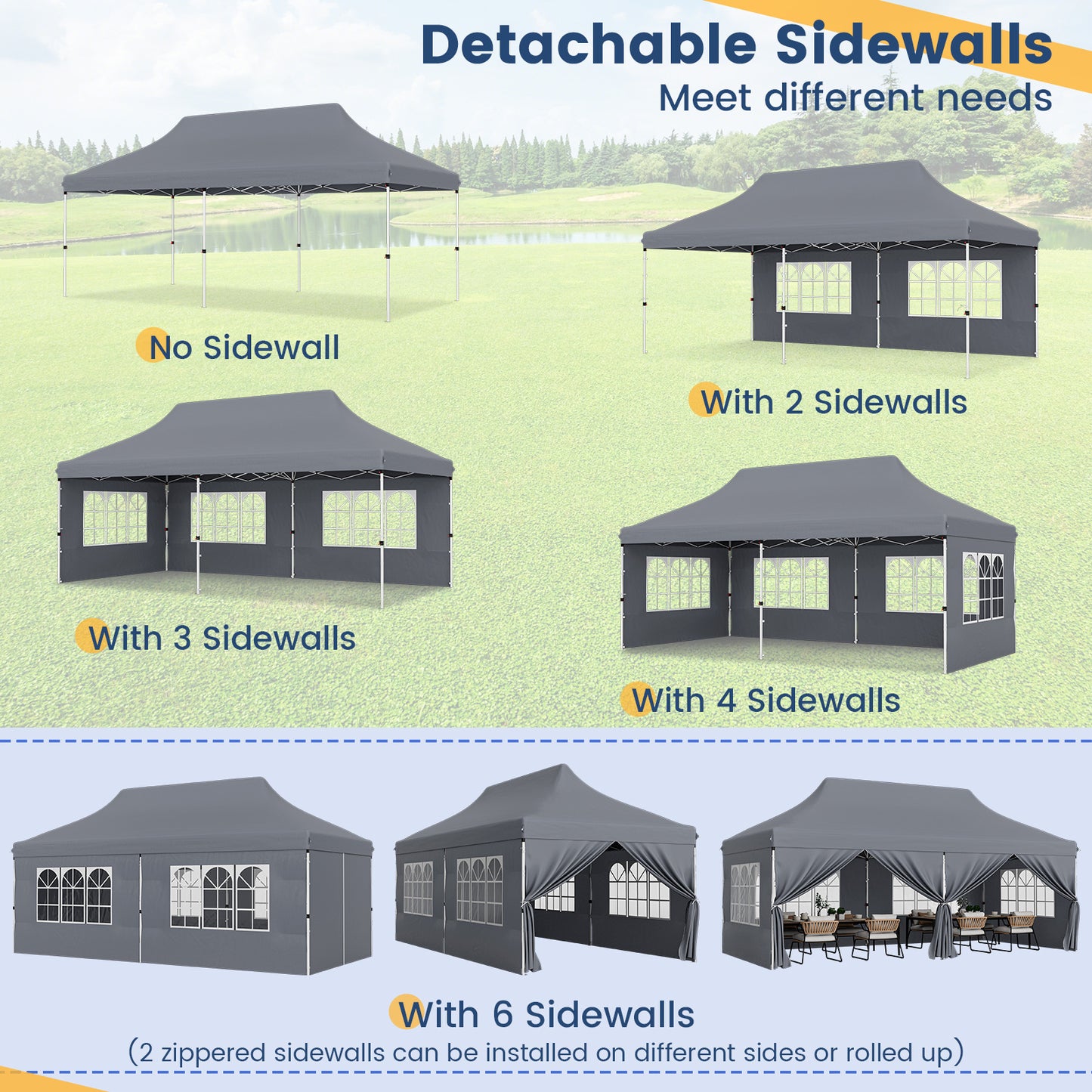 10 x 20 FT Pop up Canopy with 6 Sidewalls and Windows and Carrying Bag for Party Wedding Picnic-Gray Kids Crystal