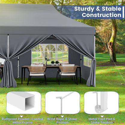 10 x 20 FT Pop up Canopy with 6 Sidewalls and Windows and Carrying Bag for Party Wedding Picnic-Gray