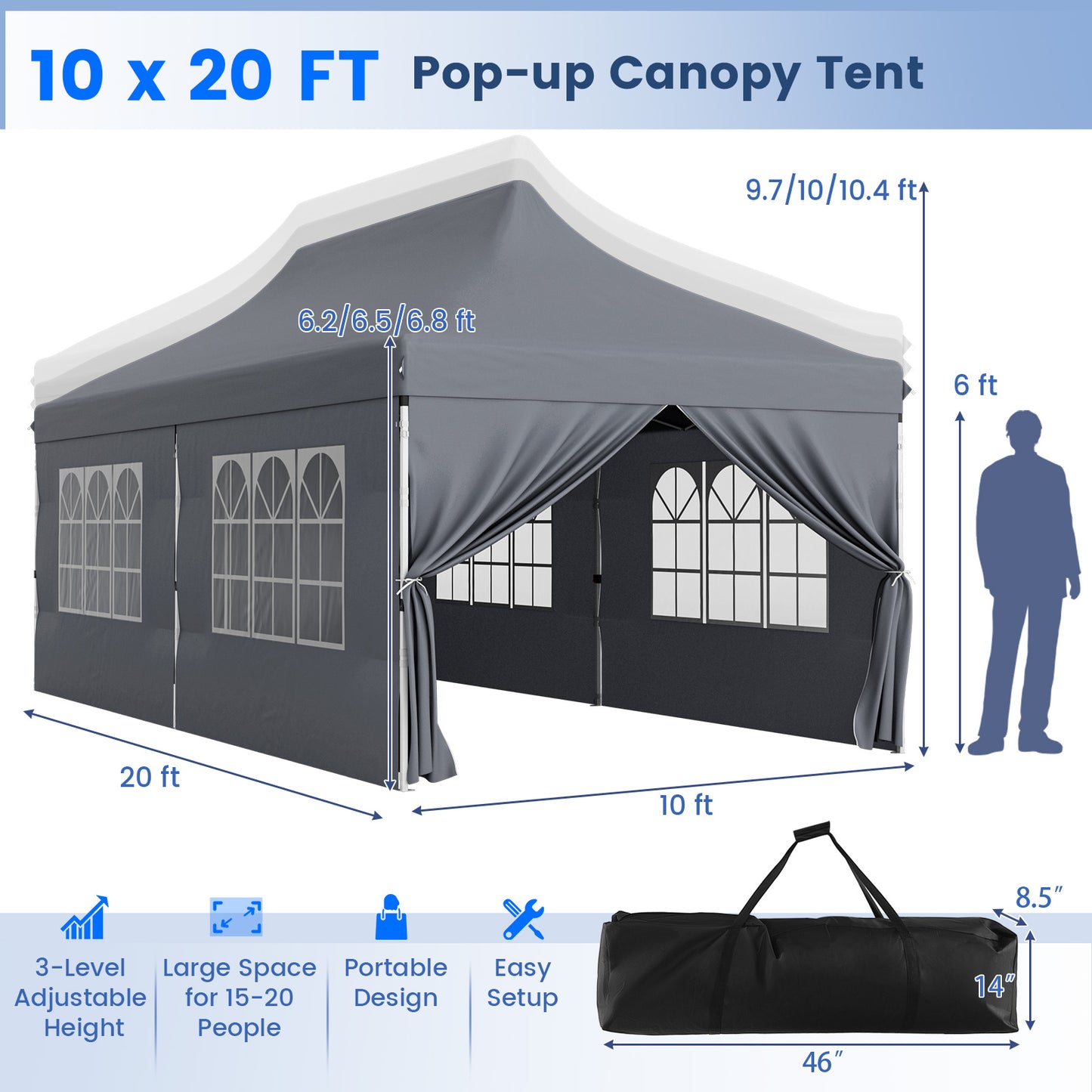 10 x 20 FT Pop up Canopy with 6 Sidewalls and Windows and Carrying Bag for Party Wedding Picnic-Gray Kids Crystal