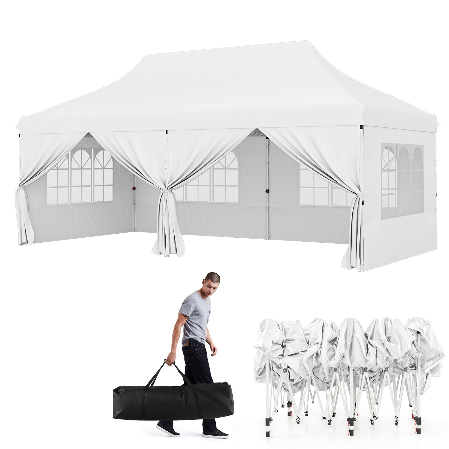 10 x 20 FT Pop up Canopy with 6 Sidewalls and Windows and Carrying Bag for Party Wedding Picnic-White Kids Crystal