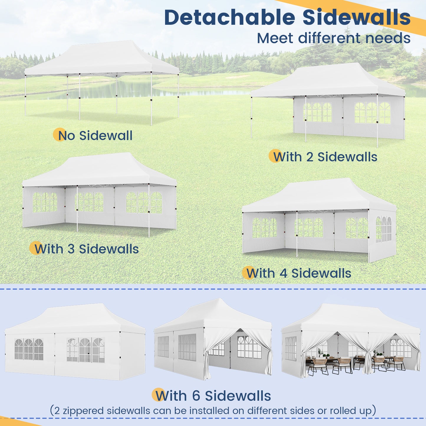 10 x 20 FT Pop up Canopy with 6 Sidewalls and Windows and Carrying Bag for Party Wedding Picnic-White Kids Crystal