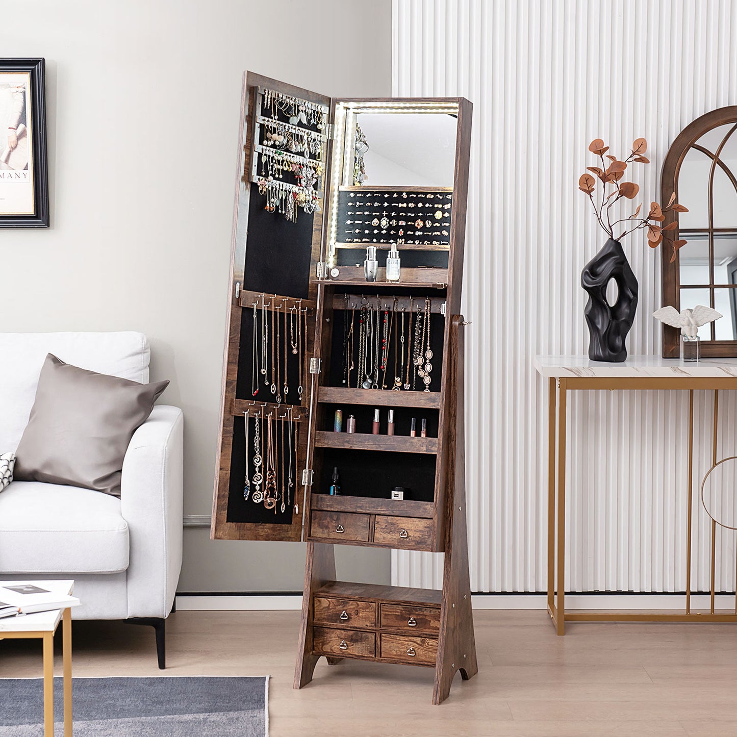 Freestanding Full Length LED Mirrored Jewelry Armoire with 6 Drawers-Rustic Brown Kids Crystal