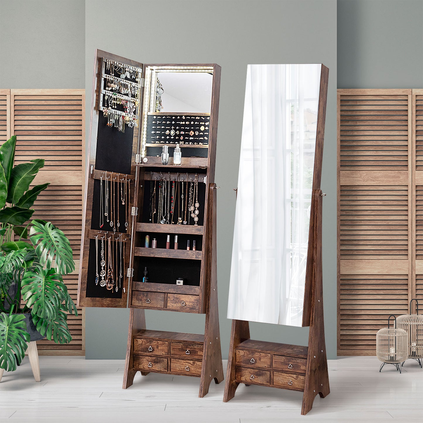 Freestanding Full Length LED Mirrored Jewelry Armoire with 6 Drawers-Rustic Brown Kids Crystal